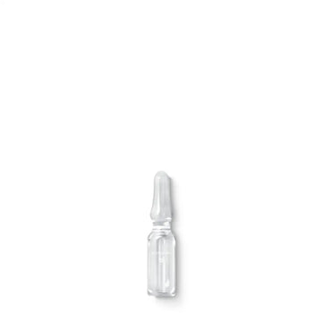 Clear glass medical ampule containing liquid.