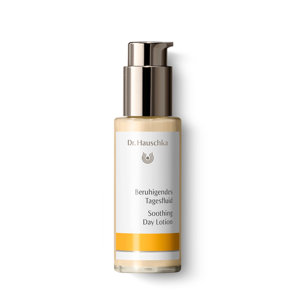 Bottle of Dr. Hauschka Soothing Day Lotion skincare product.