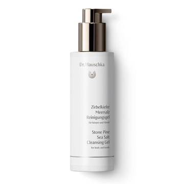 White bottle of Stone Pine Sea Salt Cleansing Gel with a pump dispenser.