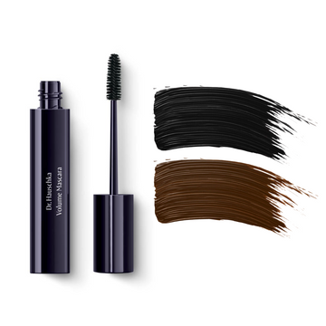 Mascara tube with applicator and color swatches.