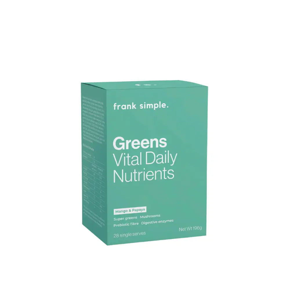 Turquoise-colored box of Frank Simple Greens Vital Daily Nutrients supplement.