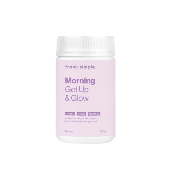 White container with purple text labeled ’Frank Simple Morning Get Up & Glow’