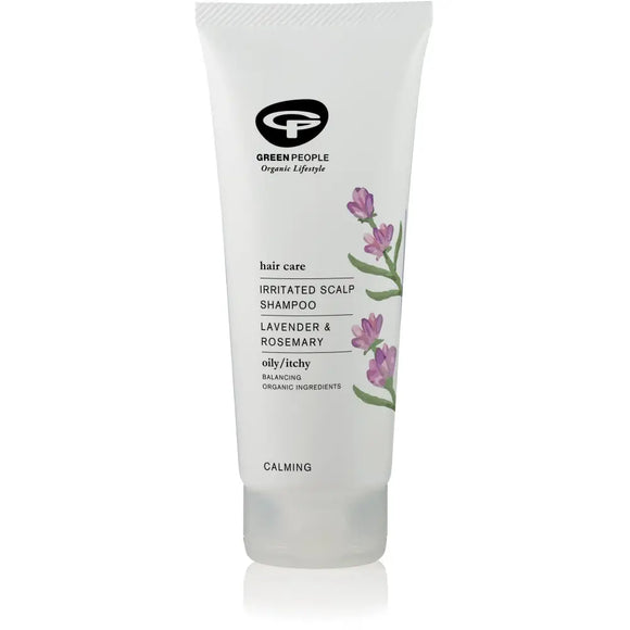 White tube of lavender and rosemary scalp care product with purple flower design.