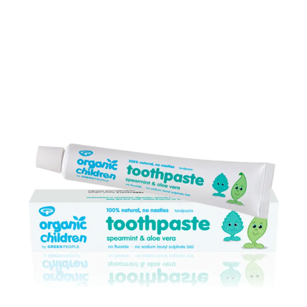 Organic children’s toothpaste tube with spearmint and aloe vera flavor.