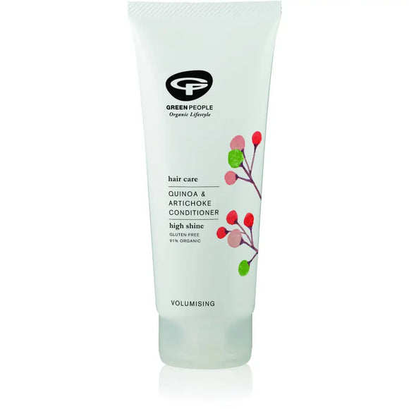 White tube of Green People quinoa and artichoke hair conditioner with floral design.