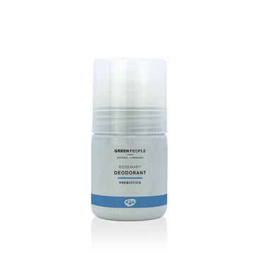 Roll-on deodorant in a clear bottle with a white cap.
