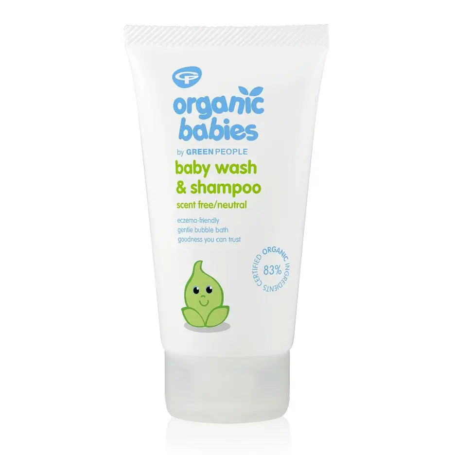 White tube of organic baby wash and shampoo with a cute green droplet character on it.