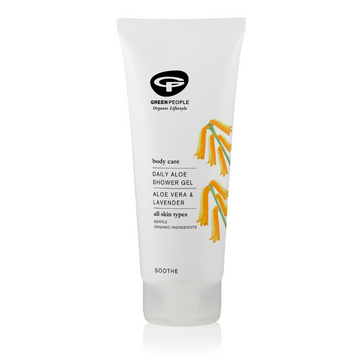 White tube of aloe vera and lavender shower gel.