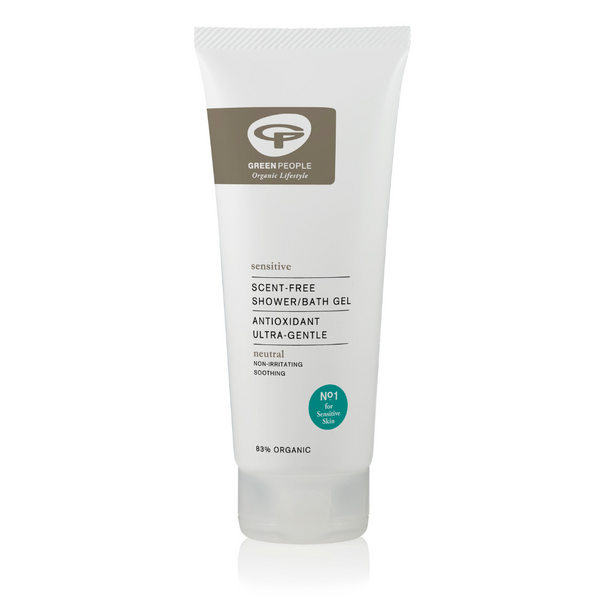 green people scent free sensitive skin shower gel, a non-irritating and soothing body care shower gel. Made with 83% organic ingredients.