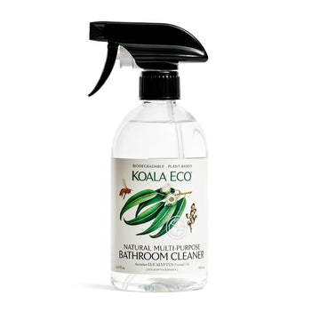 Clear bottle of bathroom cleaner with a black spray nozzle.