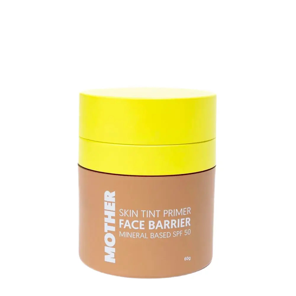 Brown cosmetic jar with a bright yellow lid containing skin tint primer face barrier with SPF 35.