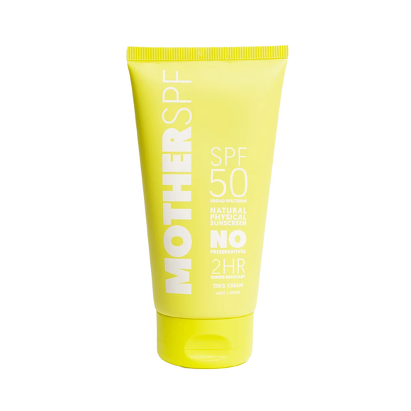 mother spf 50 sunscreen yellow tube on white background