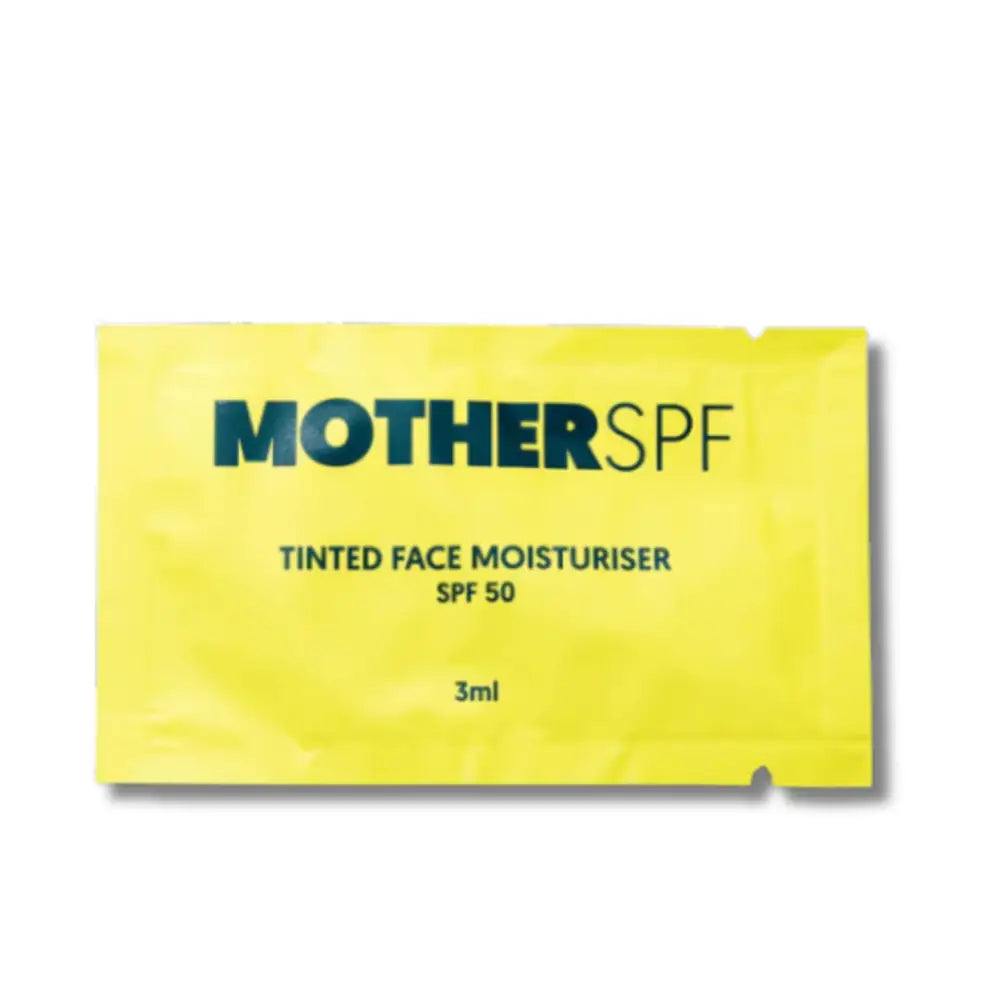 Yellow packet of Mother SPF tinted face moisturizer with SPF 50.