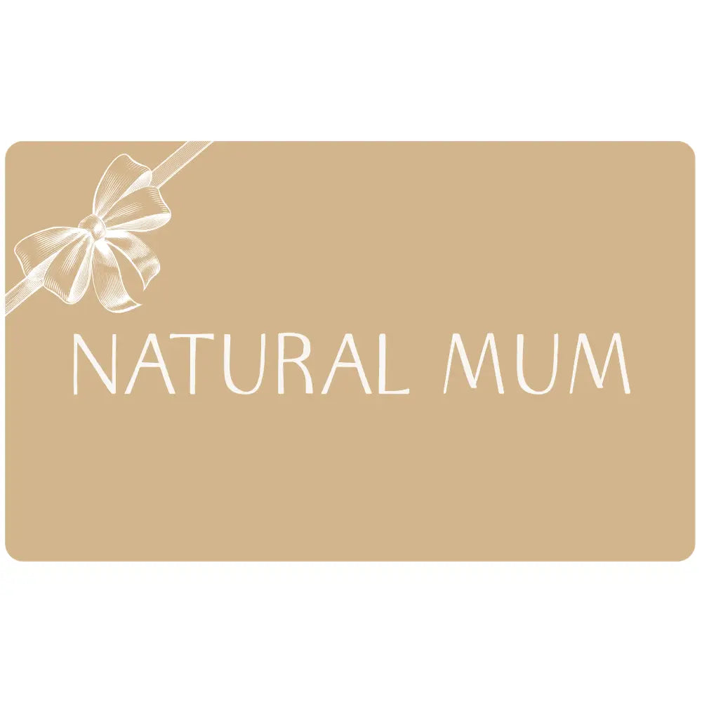 Beige rectangular gift card with ’NATURAL MUM’ text and a decorative bow design.