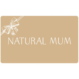 Beige rectangular gift card with ’NATURAL MUM’ text and a decorative bow design.