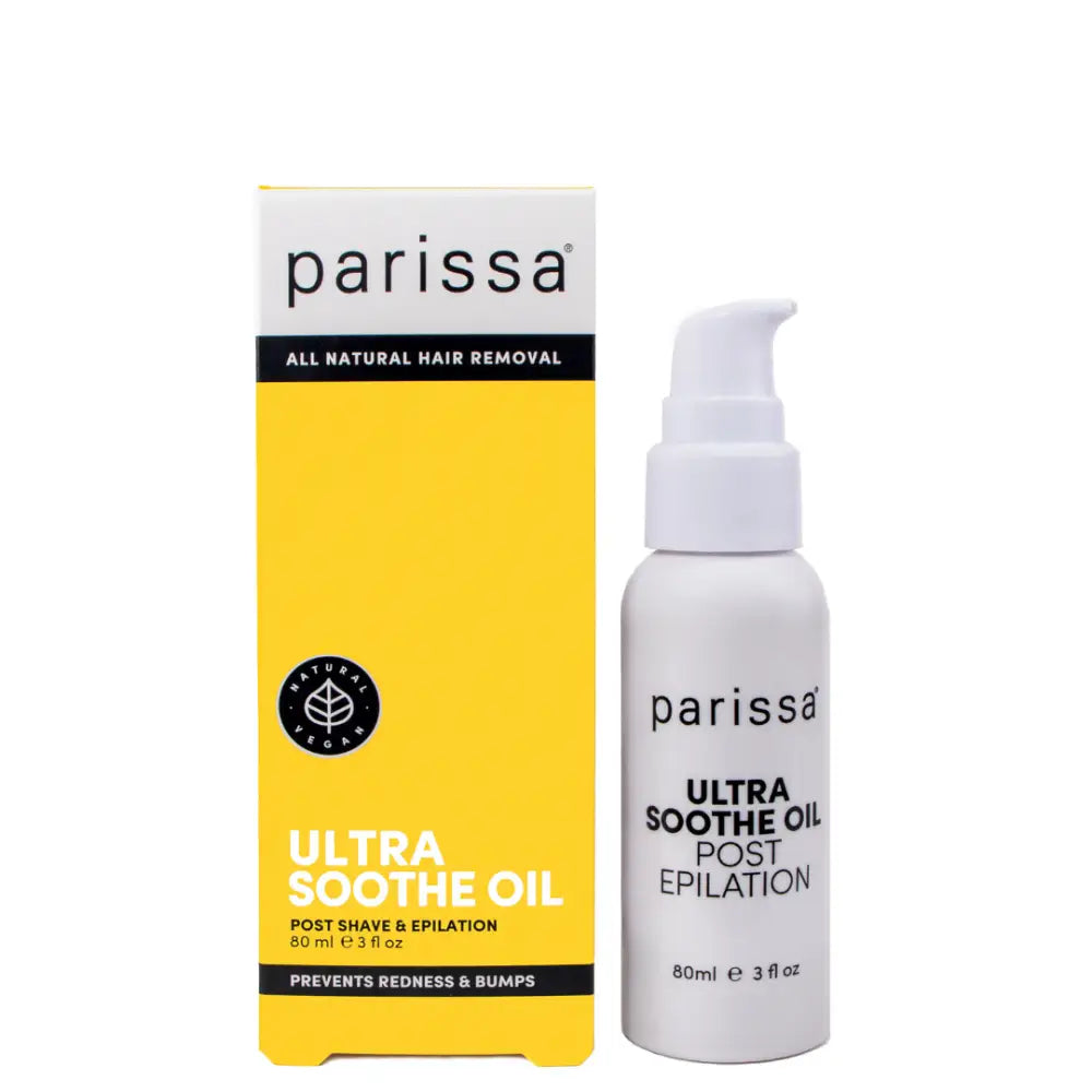 Parissa Ultra Soothe Oil post-epilation treatment with yellow packaging and white bottle.