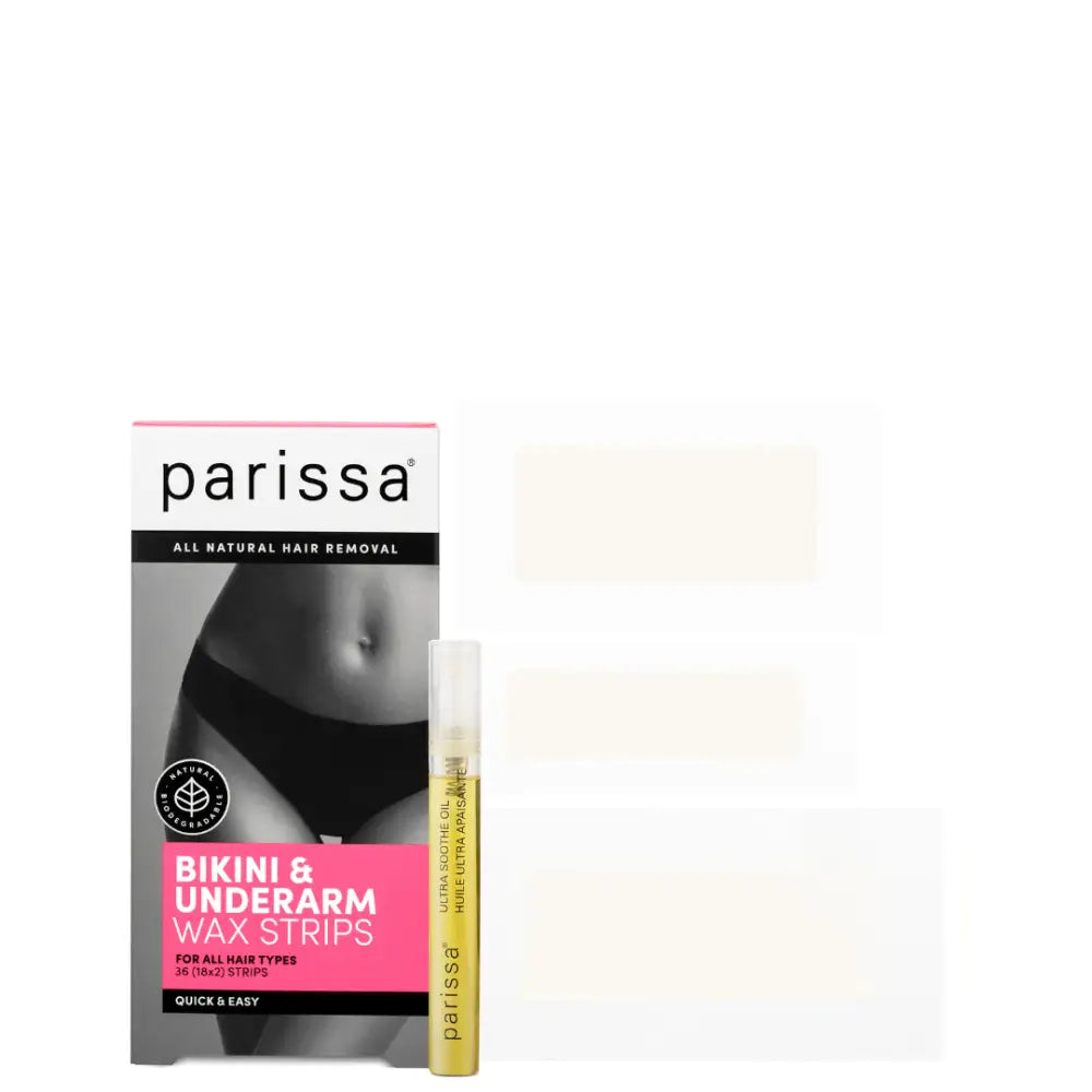 Parissa bikini and underarm wax strips package with a sample oil vial.