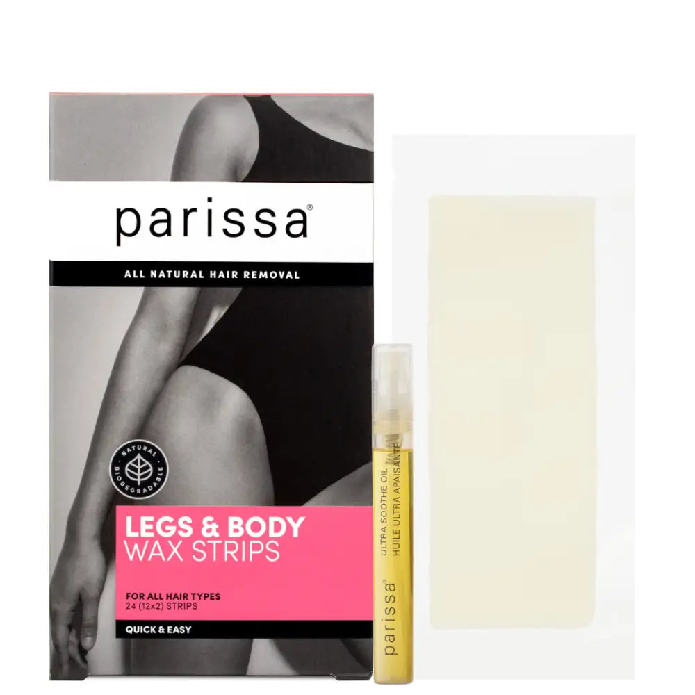 Parissa legs and body wax strips kit with hair removal oil.