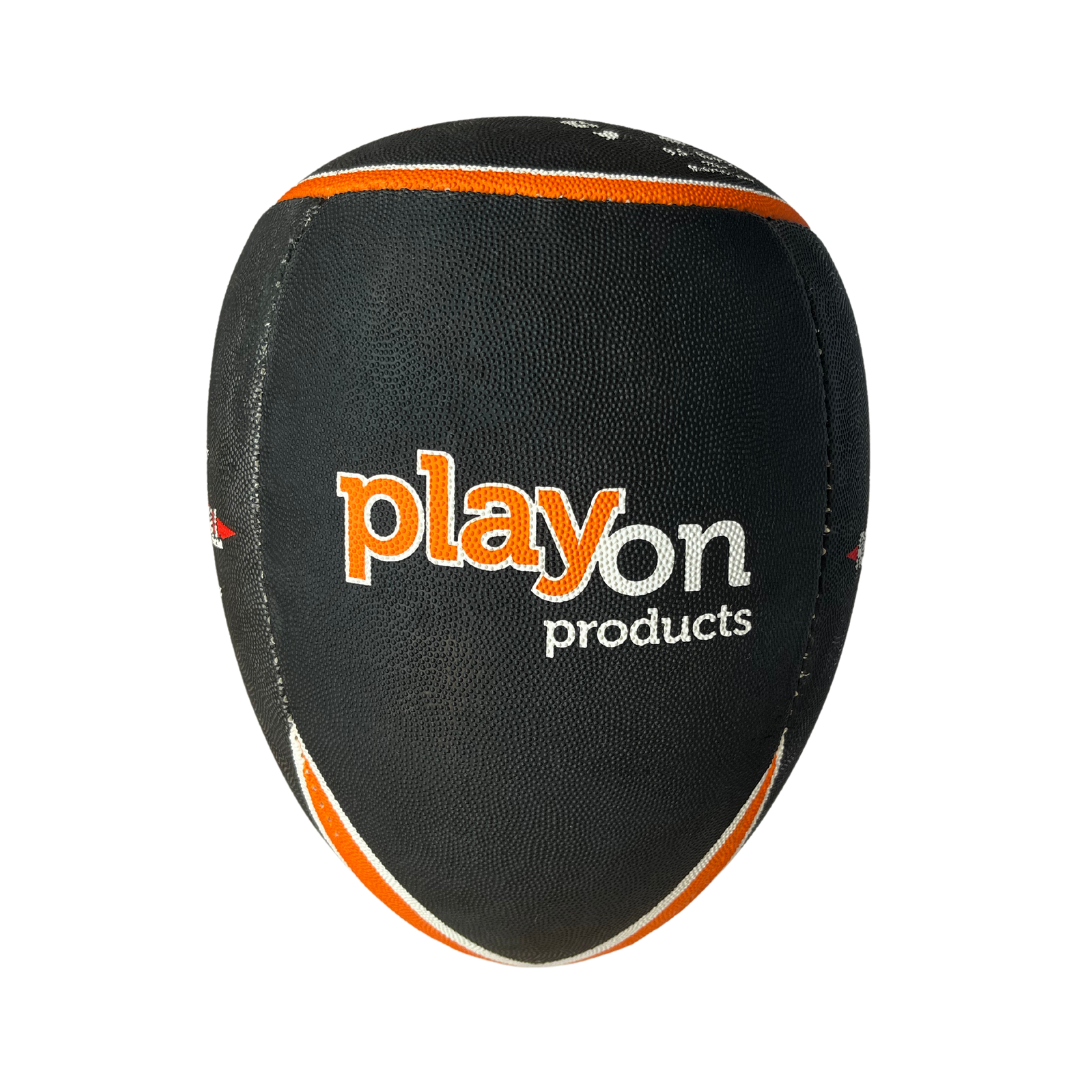 Black and orange rugby ball.