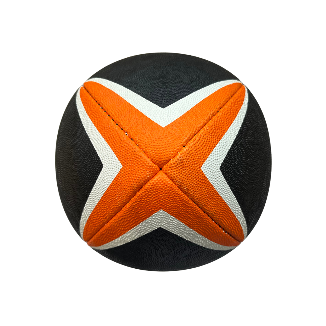 Black and orange rugby ball.