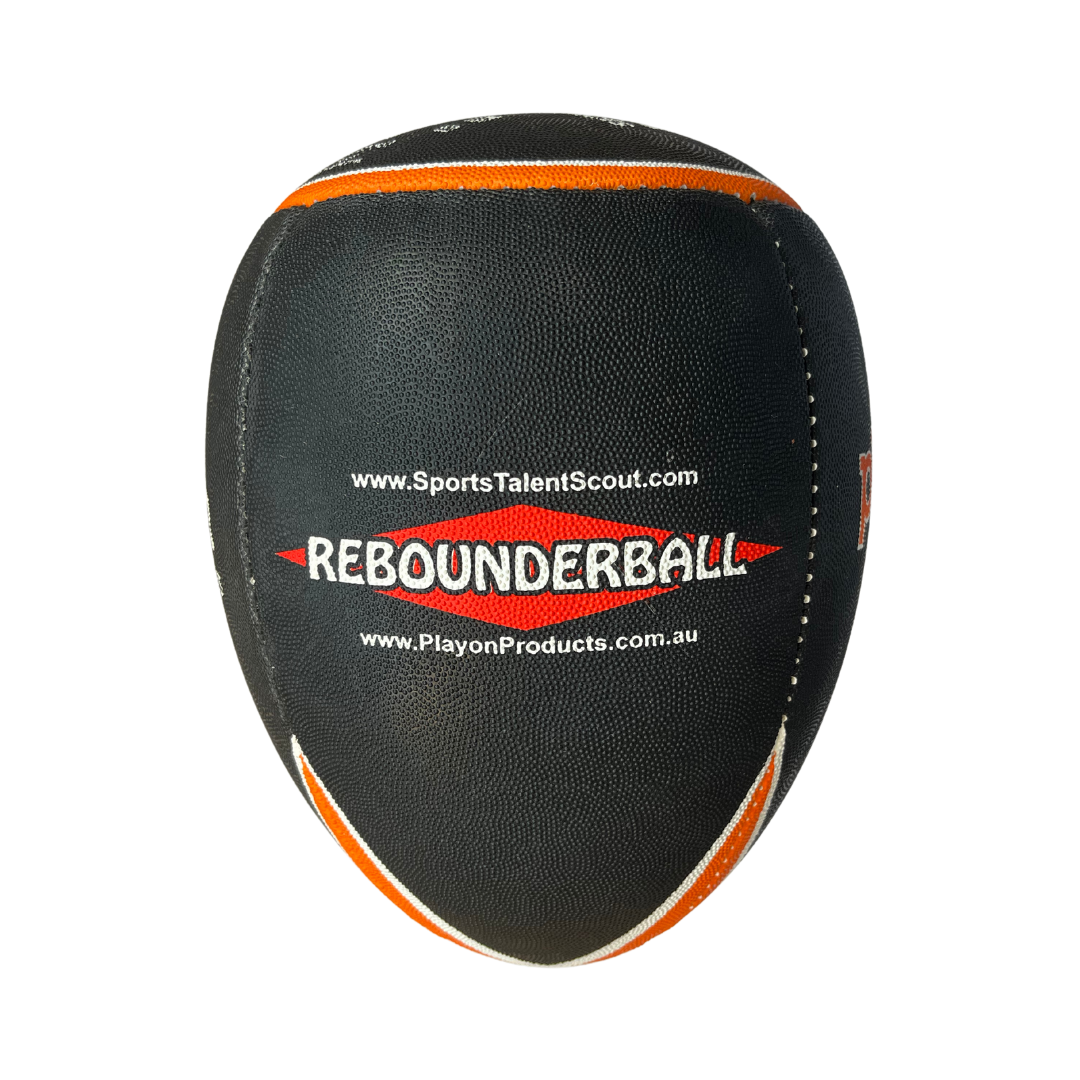 Black rebounder ball with orange trim.