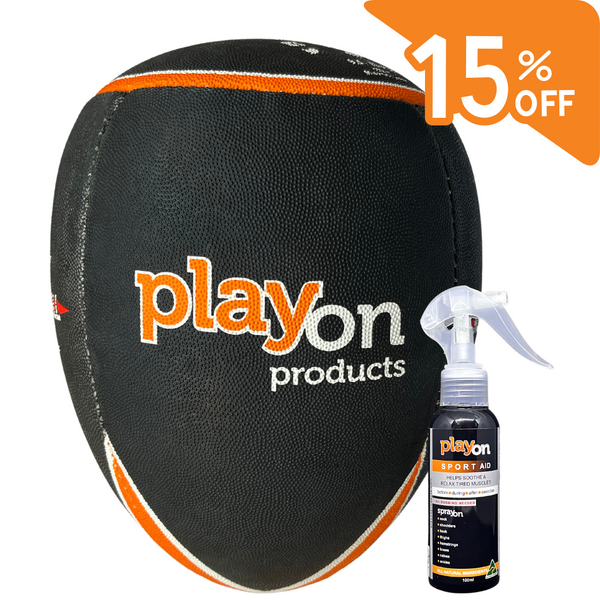 Playon Products Bundle and Save 15% on Playon Products Sport Aid 80ml and Playon Products Rebounderball. Maximise your training and muscle recovery with this perfect combination. The bundle is designed to boost your hand-eye coordination with a rugby ball and ensure optimal muscle recovery. 