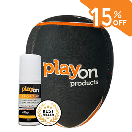 Playon products black and orange massage ball with textured surface.