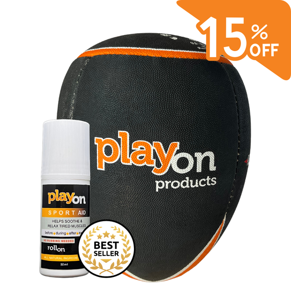 Playon products black and orange massage ball with textured surface.