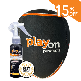 Black and orange basketball with ’play on products’ logo, protective case with spray bottle of sport aid