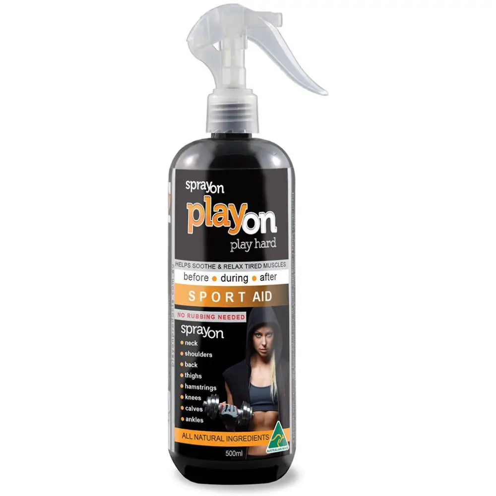 Black spray bottle of PlayOn Sport Aid athletic performance spray.