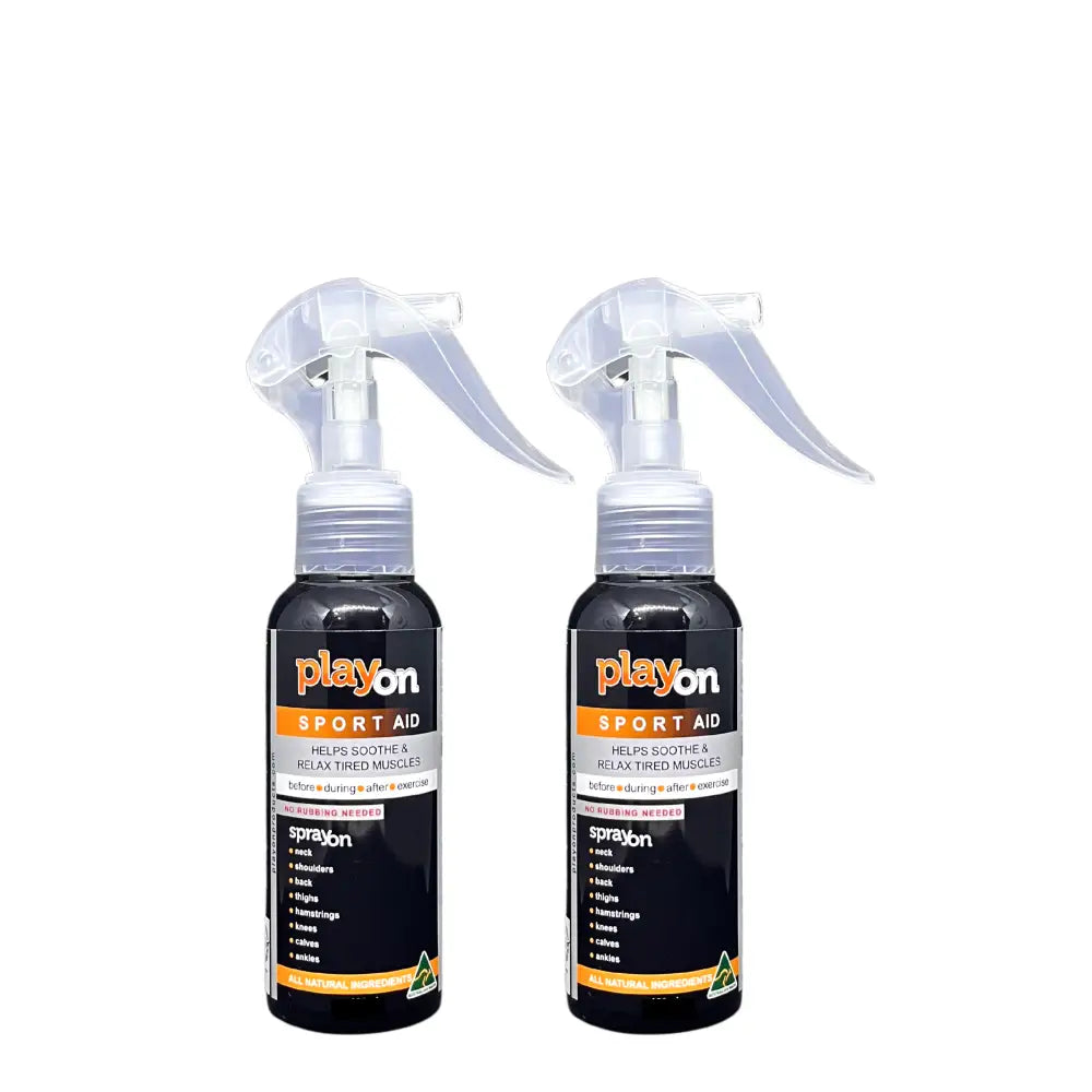 Two black spray bottles with orange ’Playon’ branding and white spray nozzles.