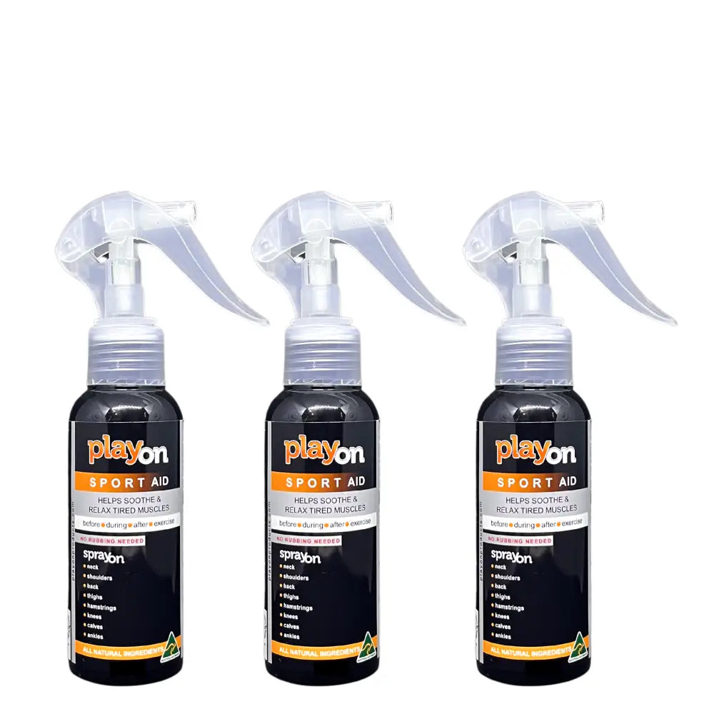 Three black spray bottles with orange ’playon’ branding and white spray nozzles.