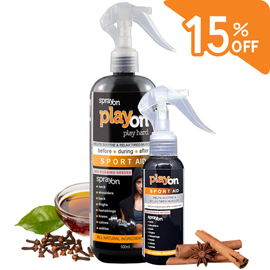 Spray bottle of playon sport aid with black label and orange text, featuring all-natural ingredients.