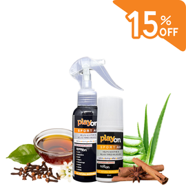 Playon sportaid spray bottle with a white pump and black label featuring natural ingredients.