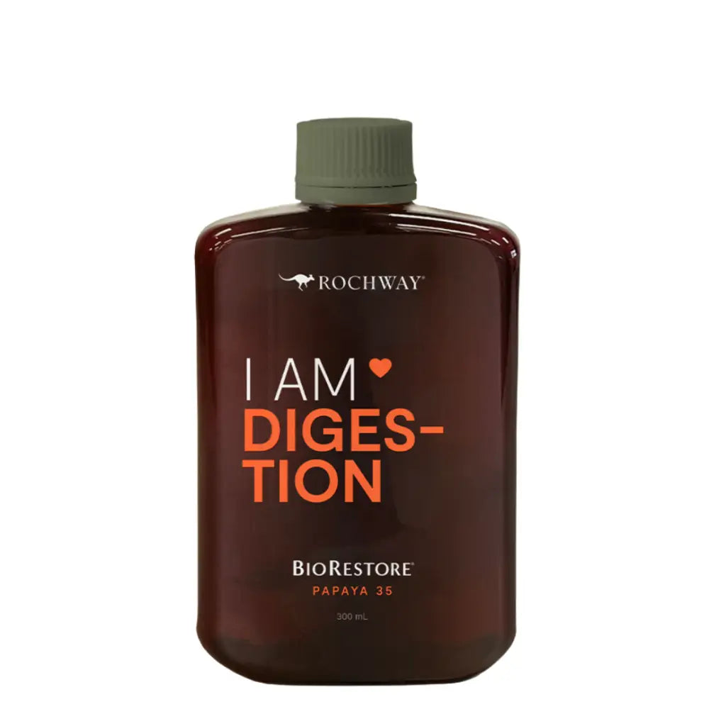 Brown bottle of ’I Am Digestion’ BioRestore supplement from Rochway.