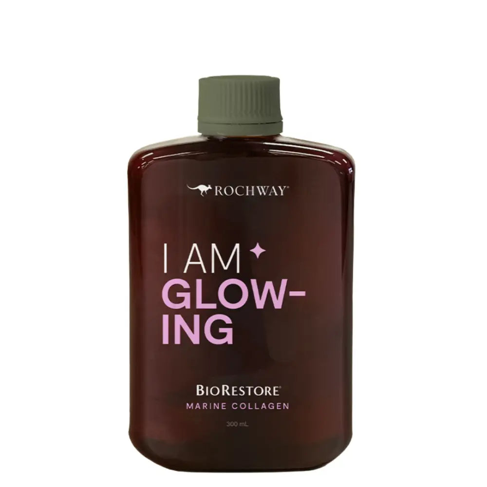 Brown bottle with ’I AM GLOWING’ text and BioRestore branding.