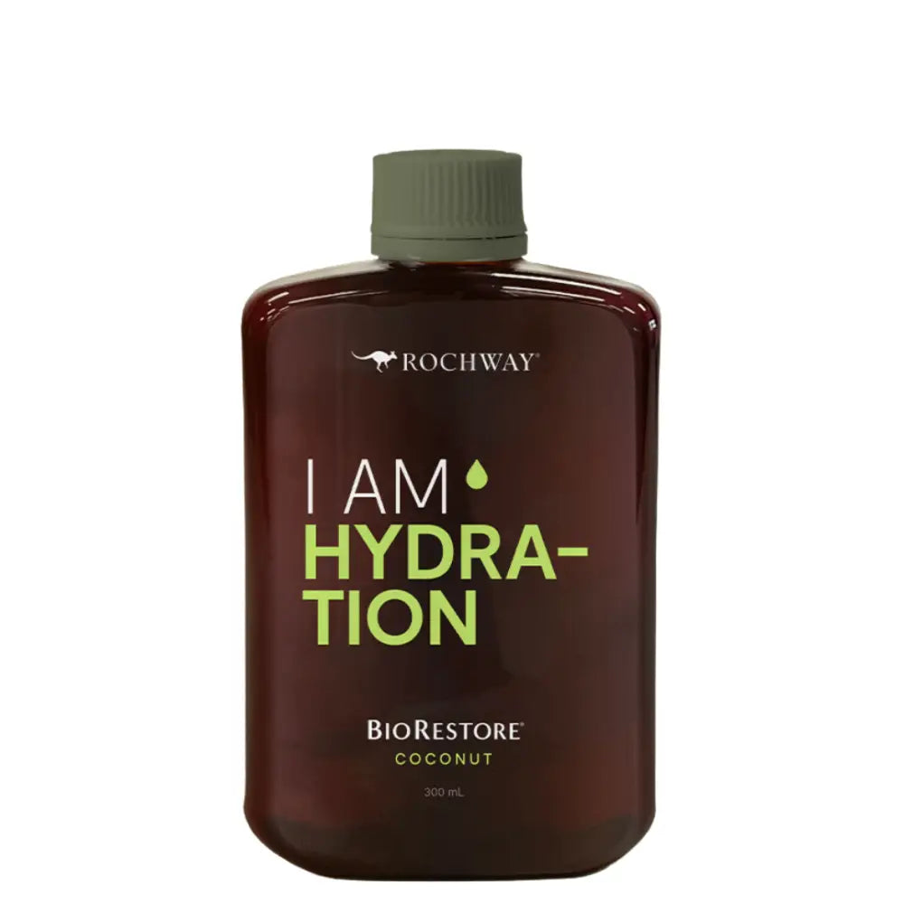 Brown bottle of Rochway ’I Am Hydration’ BioRestore coconut drink.