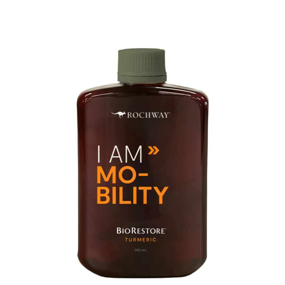 Brown bottle of Rochway I Am Mobility BioRestore turmeric supplement.