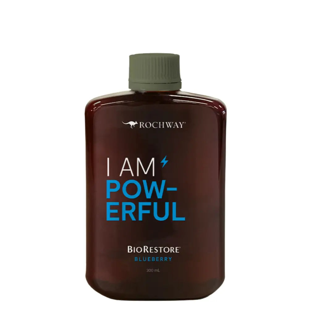 Brown bottle with ’I AM POWERFUL’ text and Rochway BioRestore branding.