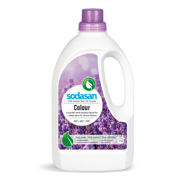 White laundry detergent bottle with lavender label.