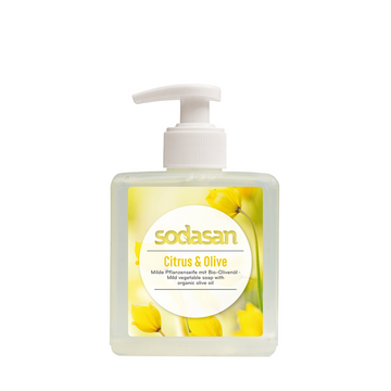 Citrus and olive liquid soap in a pump bottle.
