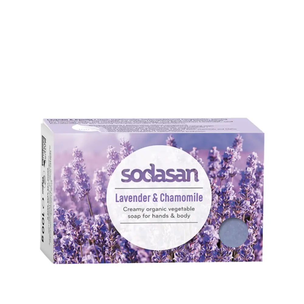 Bar of lavender and chamomile organic soap in purple packaging.