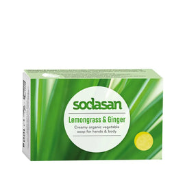 Green boxed bar soap with lemongrass and ginger fragrance from the Sodasan brand.