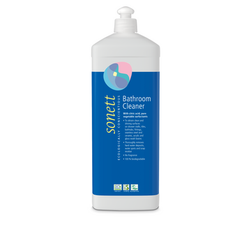 Bathroom cleaner in a white plastic bottle.