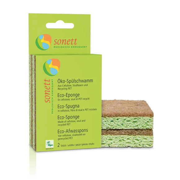 Eco-friendly sponge set with green packaging showing layered natural cleaning sponges.
