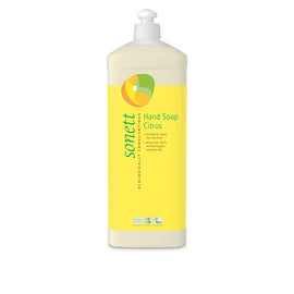 Yellow bottle of Sonett citrus hand soap with a white pump dispenser.