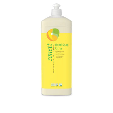 Yellow bottle of Sonett citrus hand soap with a white pump dispenser.