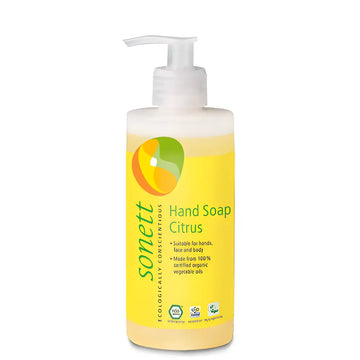 Yellow citrus hand soap in a white pump dispenser bottle.