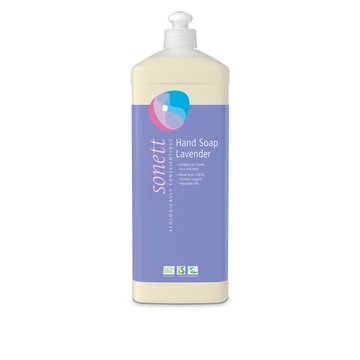 Lavender hand soap in a bottle.
