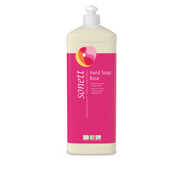 Rose-scented hand soap in a rectangular bottle.